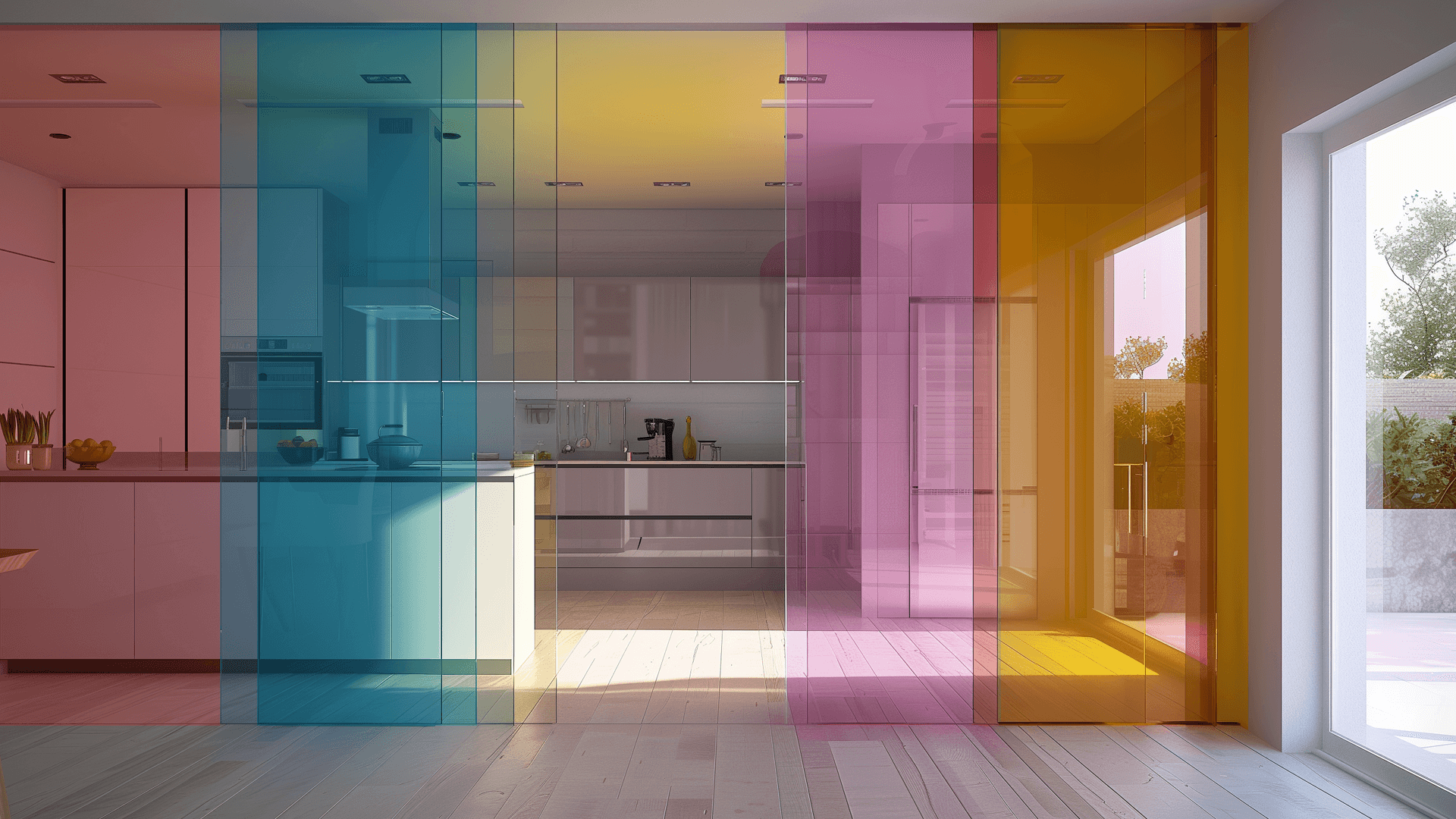 vetri laminati colorati mediante pellicola EVA STRATO COLOUR di Satinal per applicazioni indoor e outdoor