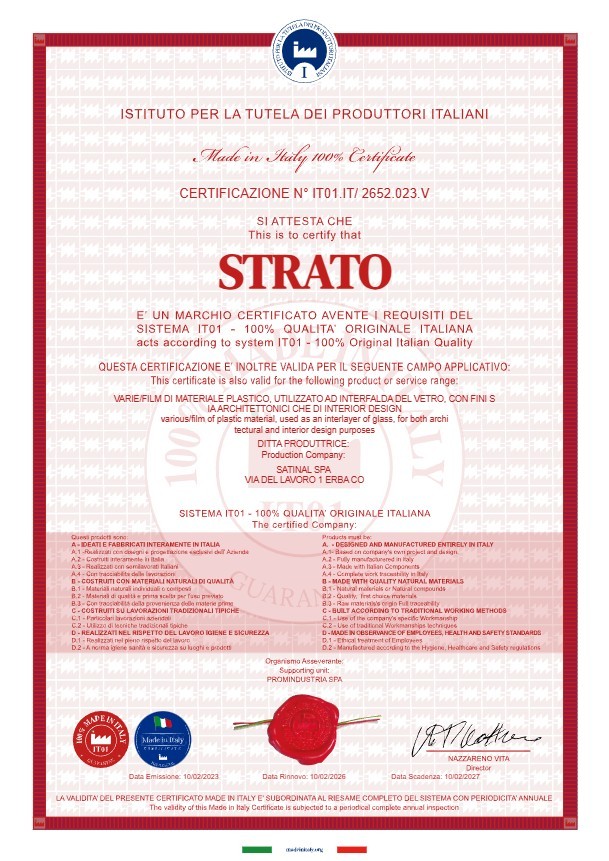 certificazione 100% made in italy - Satinal per gamma strato eva interlayers